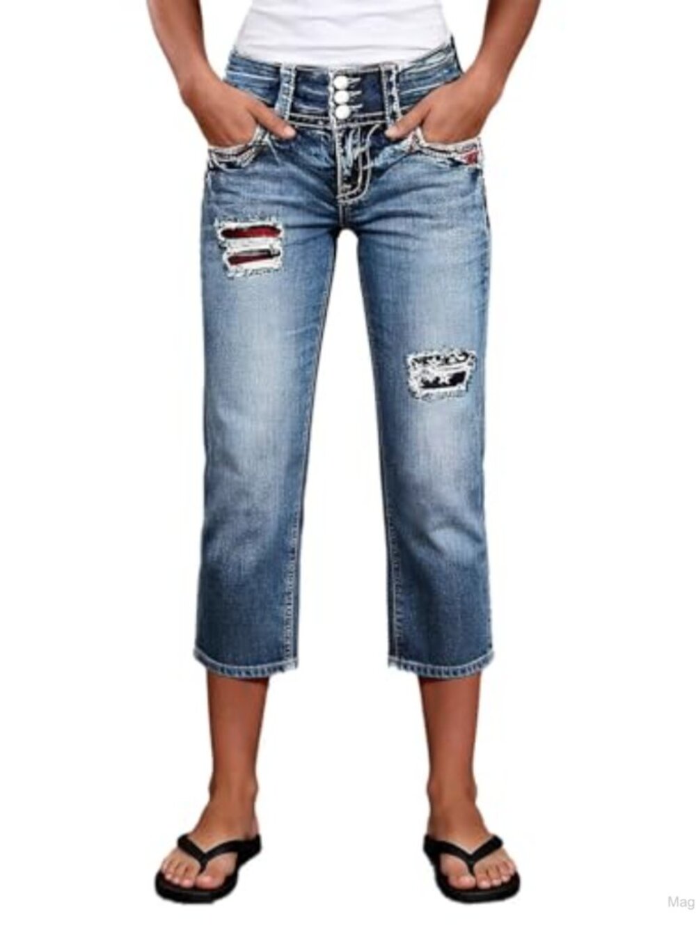 High Rise Straight Leg Capri Jeans with Star Embroidery